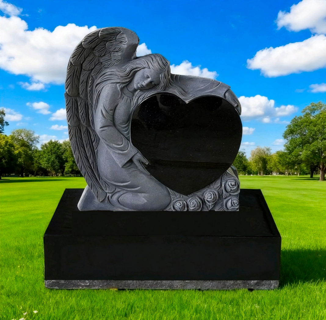 Headstone cemetery angel heart monument- large black granite